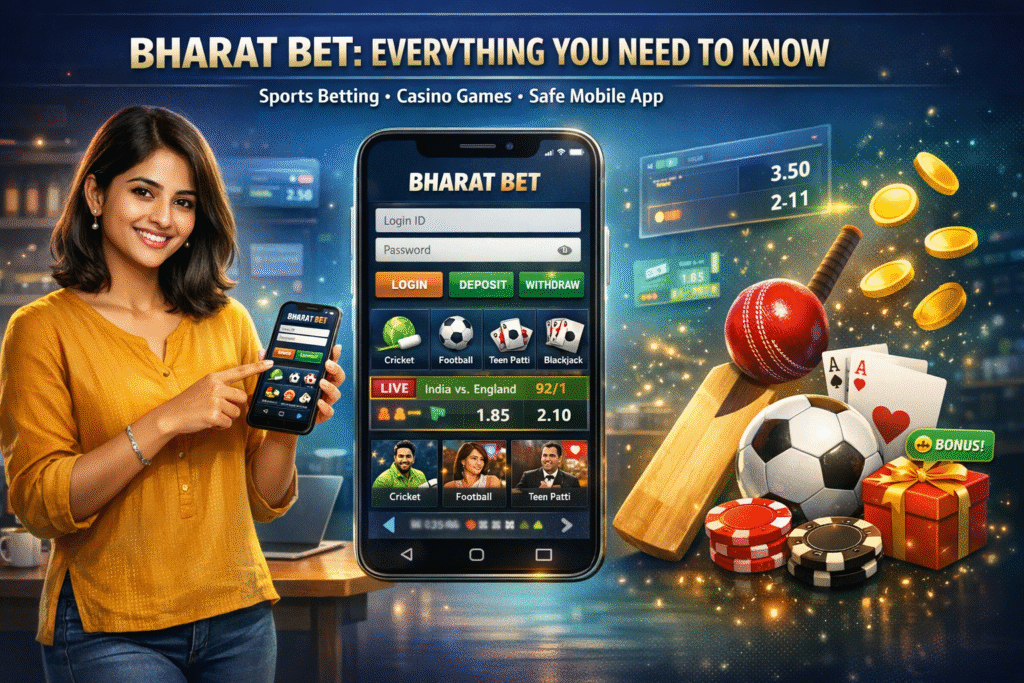 Bharat Bet platform interface showing online sports betting dashboard, live matches, betting options, and user account features on the Bharat Bet website.