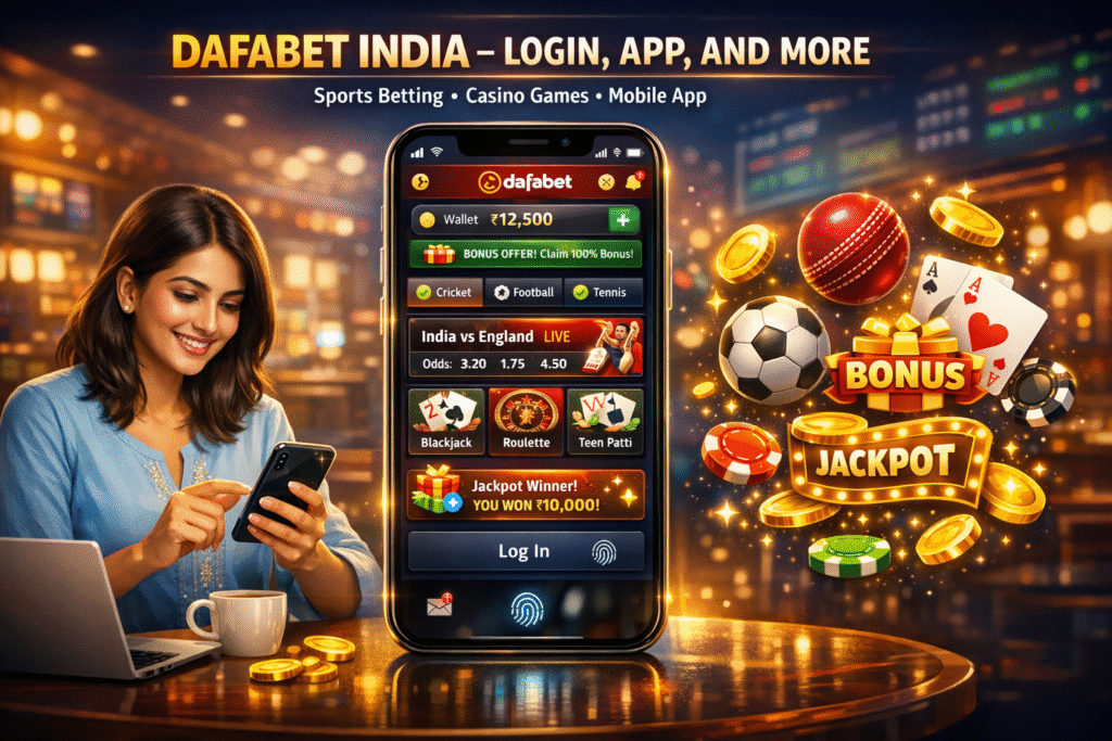 Dafabet India guide banner showing mobile login screen, Dafabet app interface, and cricket-themed background illustrating step-by-step access to Dafabet login, app download, and platform features for Indian users.