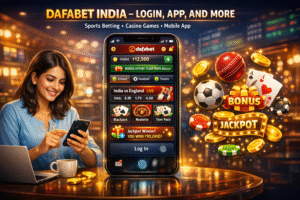 Dafabet India guide banner showing mobile login screen, Dafabet app interface, and cricket-themed background illustrating step-by-step access to Dafabet login, app download, and platform features for Indian users.