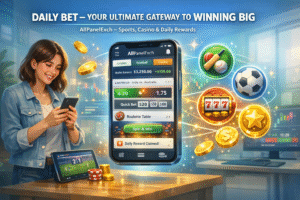 Daily Bet promotional banner for AllPanelExch showing a mobile betting dashboard, live cricket match visuals, and a confident user highlighting AllPanelExch as the ultimate gateway to winning big with secure access, real-time updates, and an engaging online sports experience.