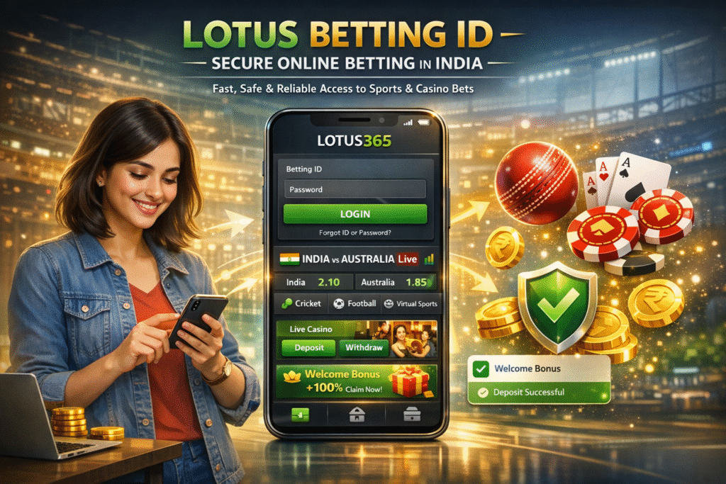 Lotus Betting ID dashboard shown on a mobile screen with cricket match interface, representing secure online betting access for users in India.