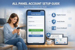 All Panel Account Setup guide interface showing step-by-step registration, user dashboard, and advanced settings for beginners to expert users