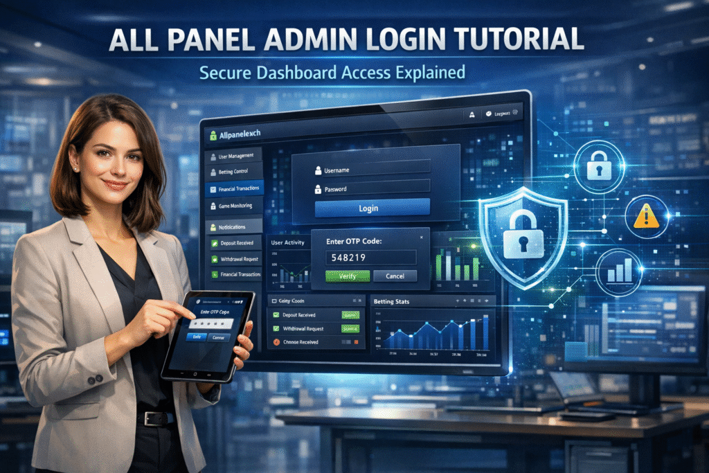 All Panel Admin Login tutorial banner showing a secure dashboard login screen on a laptop with admin controls, analytics charts, and a user accessing the All Panel platform safely.