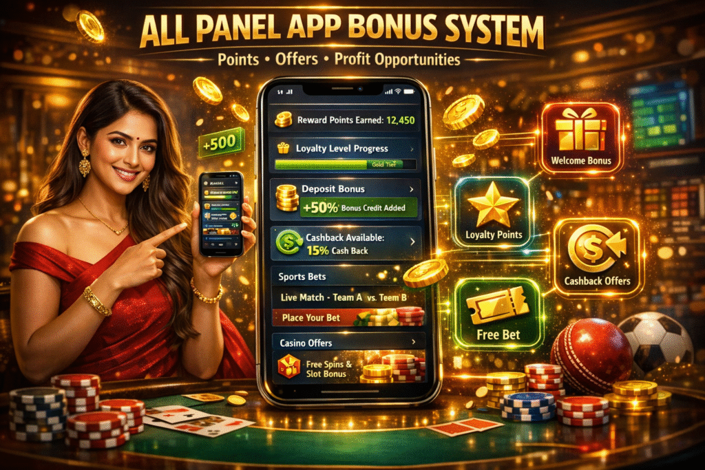 All Panel app bonus system dashboard showing reward points, special offers, and profit opportunities with a mobile interface highlighting user bonuses, promotions, and earning benefits on the All Panel platform.