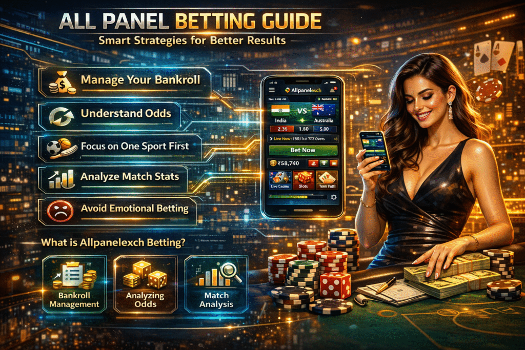 All Panel Betting Guide image showing a mobile dashboard with sports charts, cricket match insights, and a confident user analyzing data, representing smart strategies for better results on the All Panel platform.