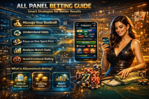 All Panel Betting Guide image showing a mobile dashboard with sports charts, cricket match insights, and a confident user analyzing data, representing smart strategies for better results on the All Panel platform.