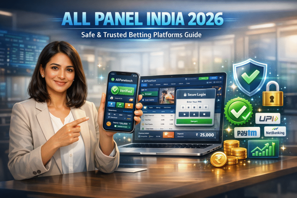 All Panel India 2026 guide banner showing a secure online betting dashboard, mobile interface, and sports visuals highlighting safe and trusted All Panel platforms for Indian users.