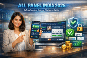 All Panel India 2026 guide banner showing a secure online betting dashboard, mobile interface, and sports visuals highlighting safe and trusted All Panel platforms for Indian users.
