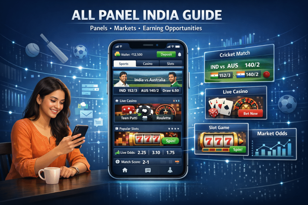All Panel India guide showcasing different panels, betting markets, and online earning opportunities with a user-friendly dashboard and mobile access interface.
