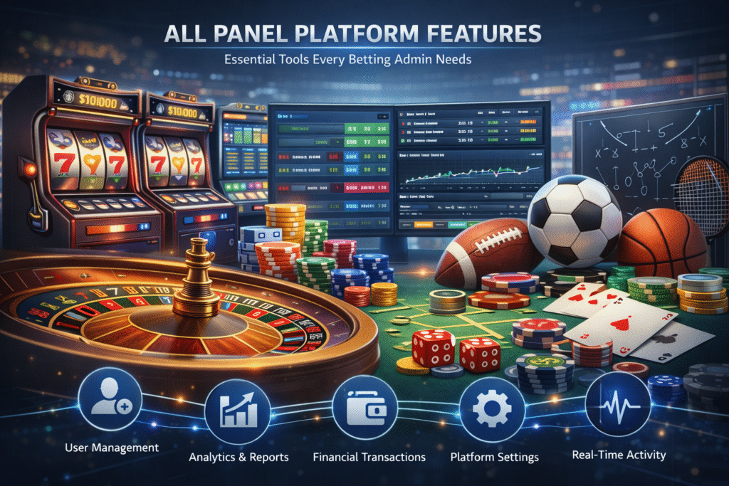 All Panel Platform Features dashboard showcasing advanced betting admin tools, real-time analytics, user management, secure transactions, and game control interface for efficient platform operation.