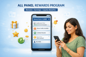 All Panel Rewards Program banner showing bonuses, earnings opportunities, and loyalty benefits with a digital dashboard, reward icons, and a user celebrating points and exclusive member perks.