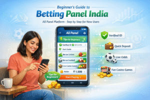 Beginner’s Guide to Betting Panel India – All Panel Platform Explained on Allpanelexch showing an online betting dashboard, cricket match interface, and user navigating panel features on a smartphone and laptop.