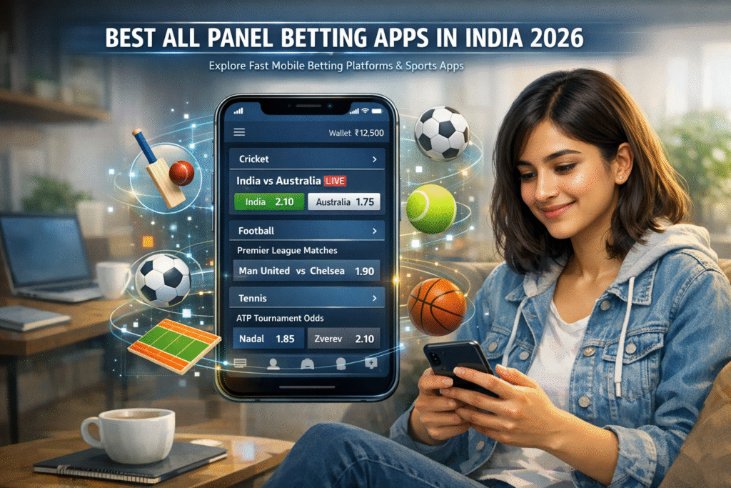 Illustration of top All Panel betting apps in India 2026, featuring smartphones with betting interfaces, charts, and popular game icons.