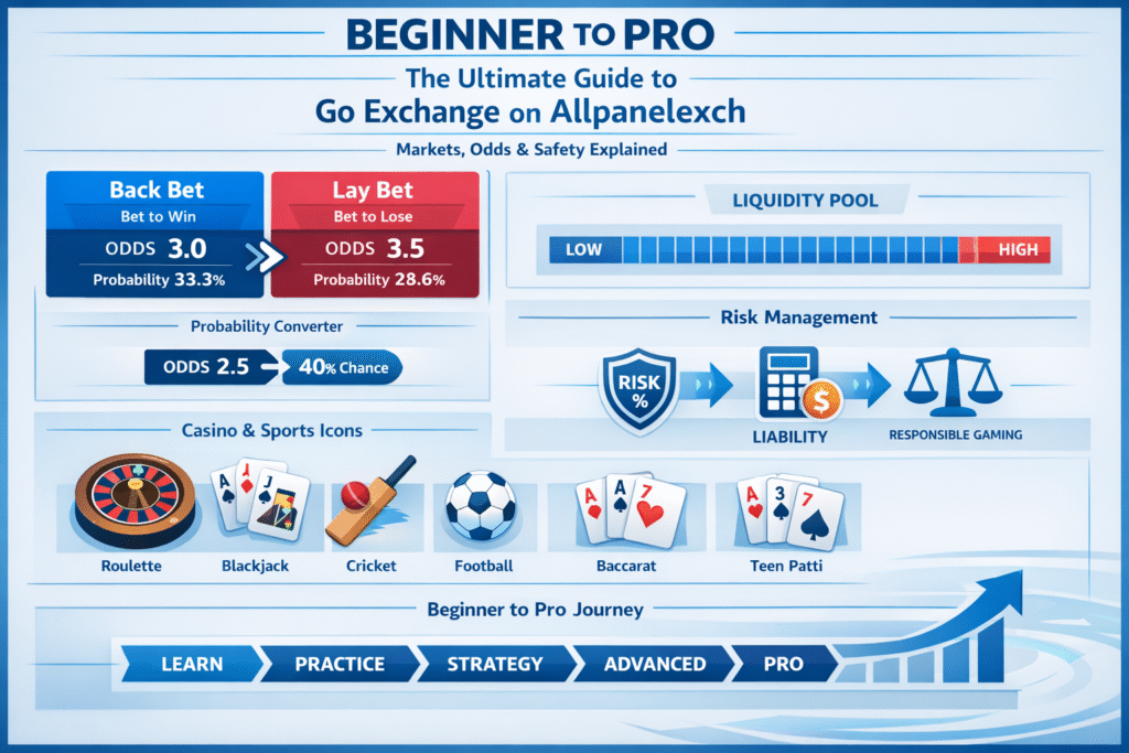 Guide banner for Allpanelexch Go Exchange showing betting markets screen, live odds display, and beginner-to-pro trading strategy concept