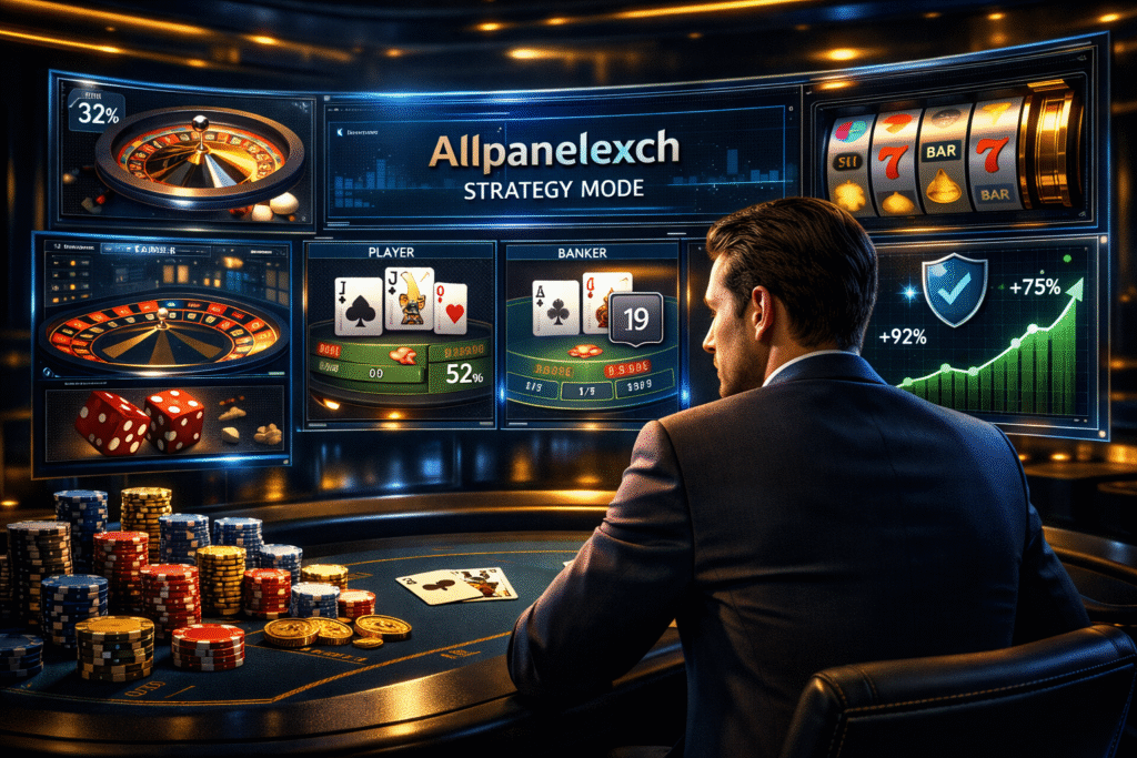 Promotional banner for Allpanelexch showing casino chips, playing cards, and strategy notes highlighting smart casino winning tips for maximum profits