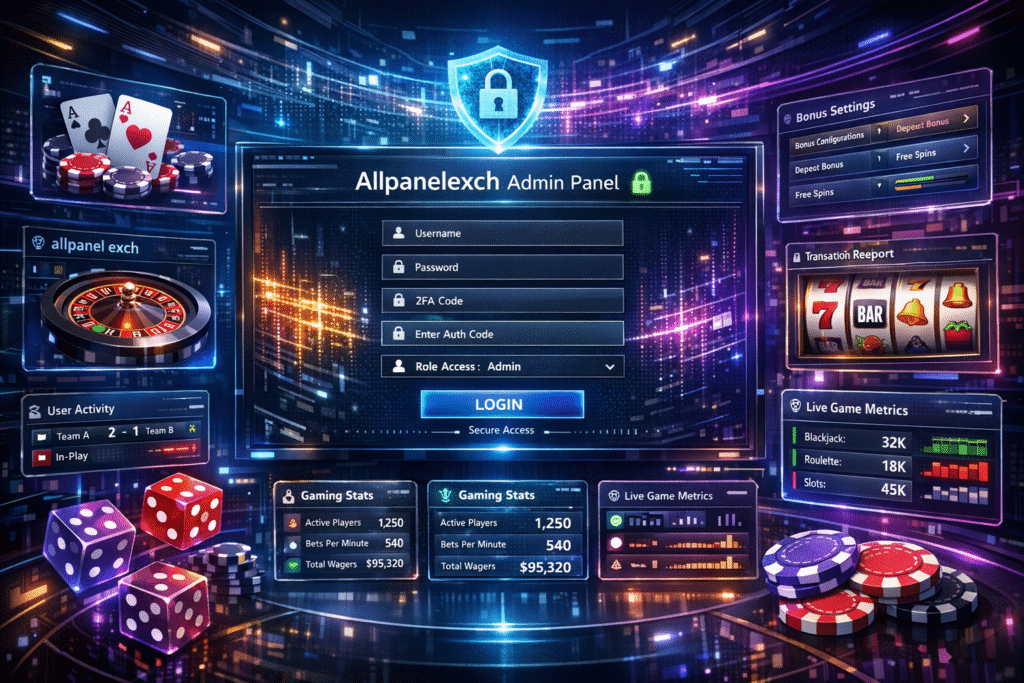 Admin login guide banner for Allpanelexch showing secure dashboard screen, setup configuration panel, and professional access control interface