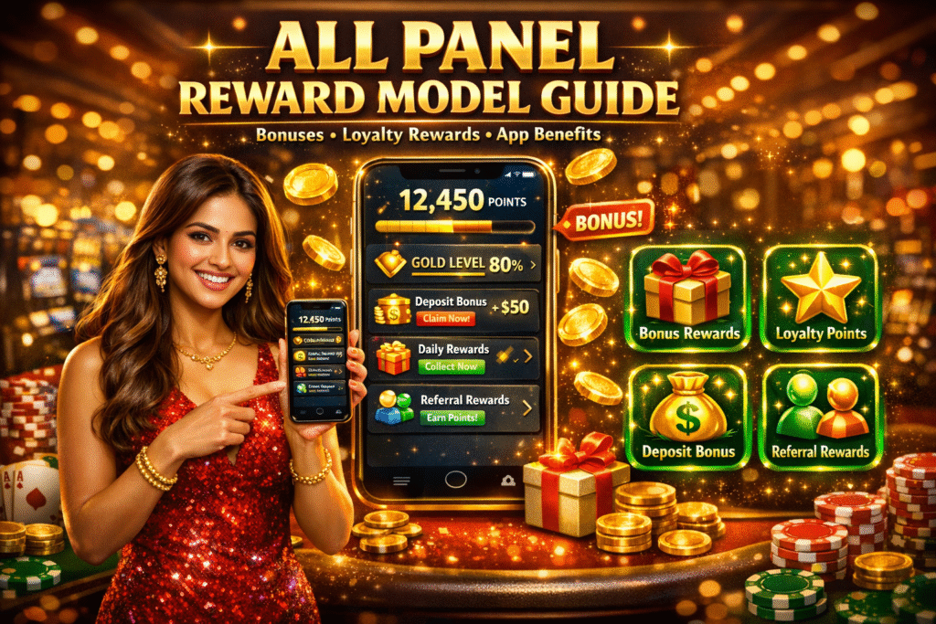 Illustration of the All Panel reward model showing a mobile panel app dashboard with points, bonuses, and reward icons explaining how Panel App users earn benefits and track rewards easily.