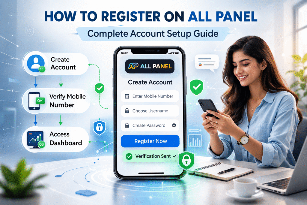 All Panel registration guide showing step-by-step account setup on mobile and laptop screen, highlighting how to create and verify an All Panel account quickly with a simple signup process and secure user dashboard access.