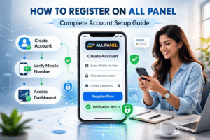 All Panel registration guide showing step-by-step account setup on mobile and laptop screen, highlighting how to create and verify an All Panel account quickly with a simple signup process and secure user dashboard access.