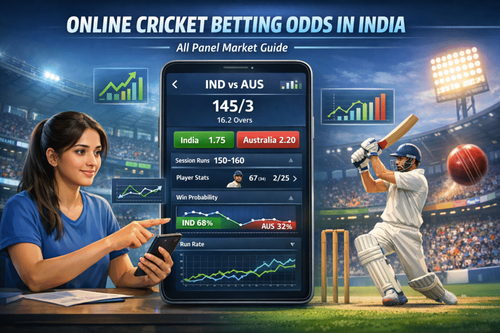 Online cricket betting odds in India displayed on All Panel platform, showing markets, rates, and betting options for players.