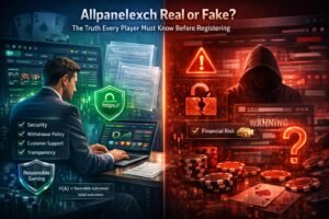 Allpanelexch real or fake review banner showing online betting platform interface with registration screen and security check concept before signing up