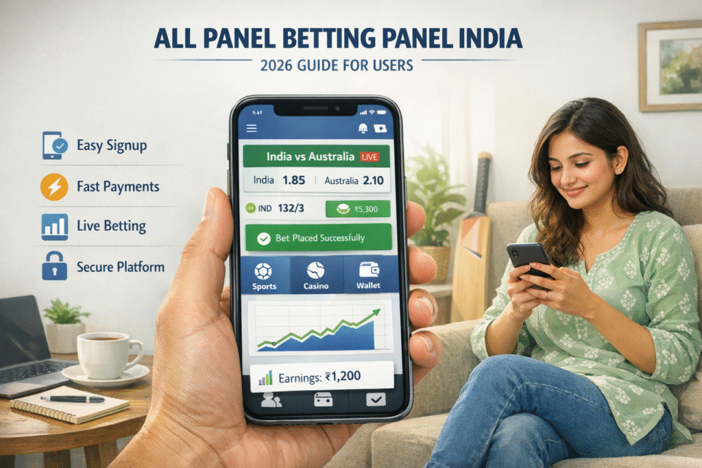 Allpanelexch India Guide 2026 banner showing a modern online betting panel interface with dashboard features, user account access, and step-by-step guide elements for beginners
