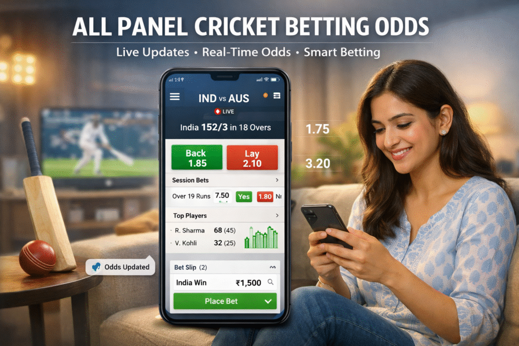 Allpanelexch Cricket Odds India live dashboard showing real-time match odds, score updates, betting tips, and dynamic cricket analytics interface on mobile and desktop.