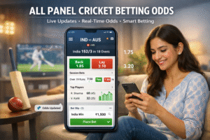 Allpanelexch Cricket Odds India live dashboard showing real-time match odds, score updates, betting tips, and dynamic cricket analytics interface on mobile and desktop.