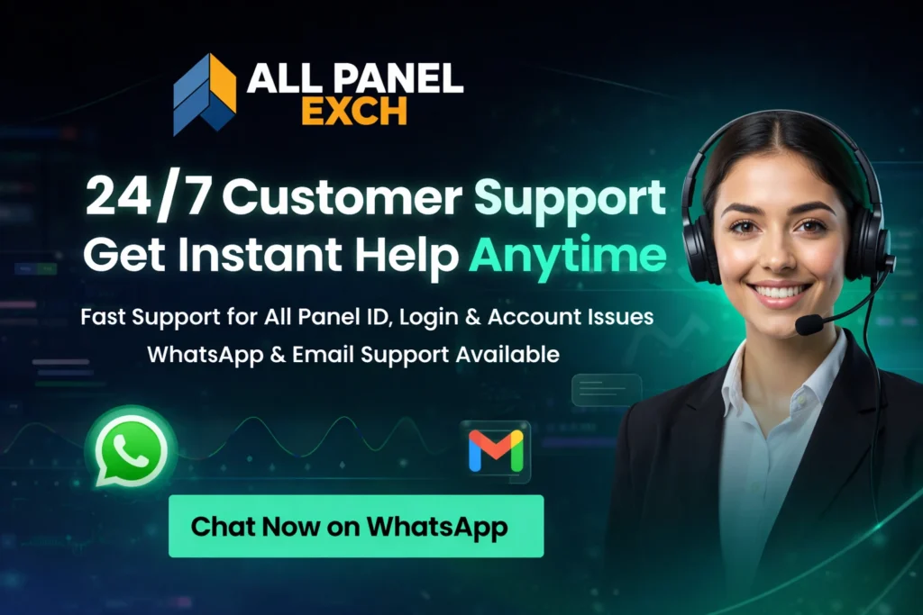 All Panel Exch 24/7 customer support banner with WhatsApp and email support for instant help and secure All Panel ID services