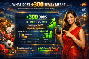 AllPanelExch betting screen showing +300 odds with profit calculation, sports betting interface, and odds comparison dashboard