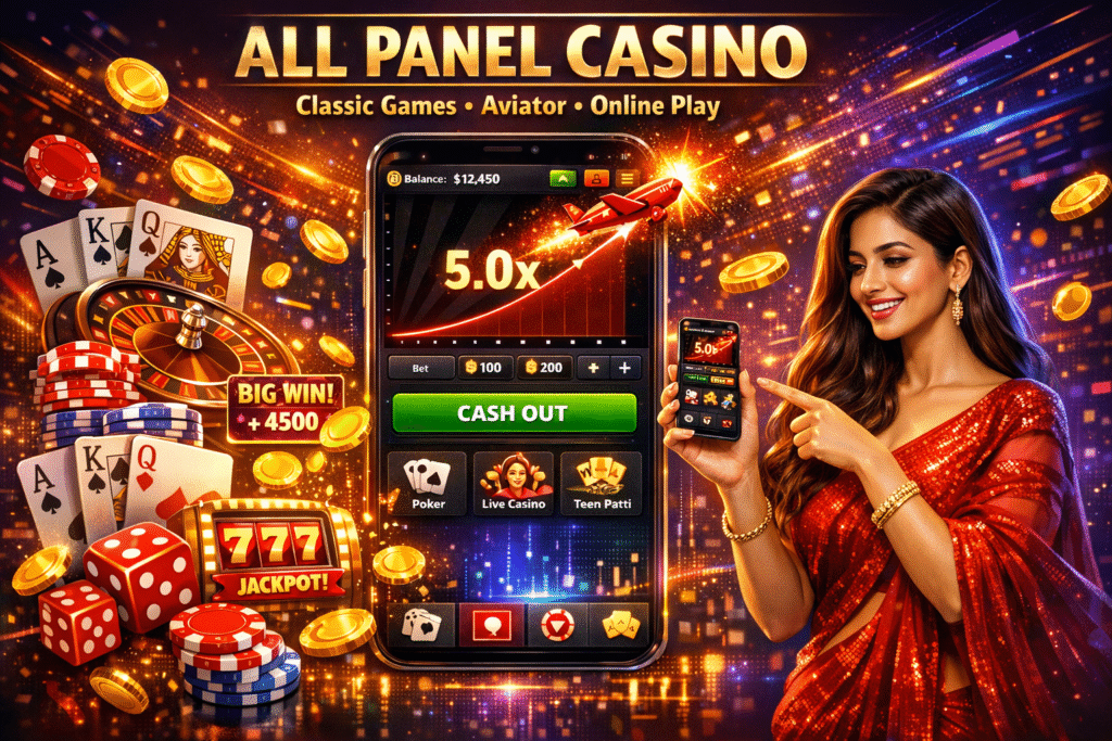 All Panel Casino dashboard showing Aviator game, classic casino games, and mobile-friendly online gaming interface on AllPanelExch platform