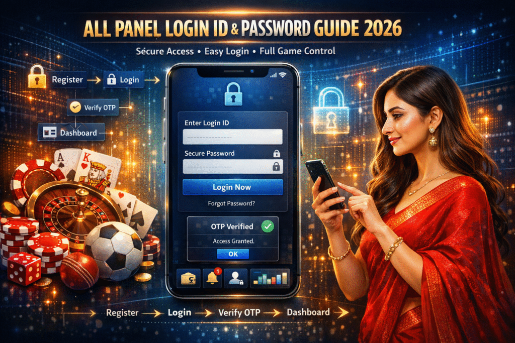 All Panel app login screen with female user, casino elements, and secure OTP verification concept.