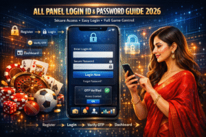 All Panel app login screen with female user, casino elements, and secure OTP verification concept.