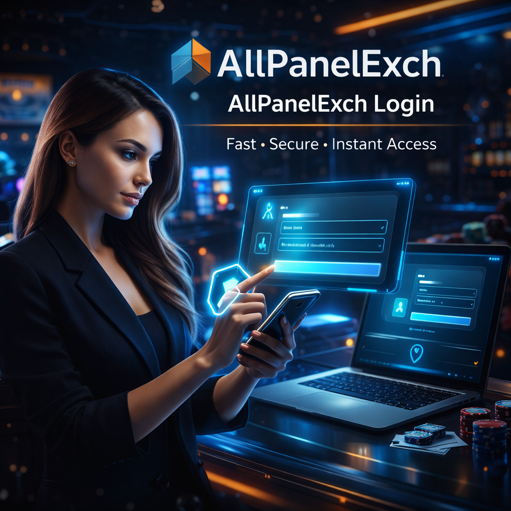 AllPanelExch login with secure holographic interface and multi-device access in a futuristic setting.