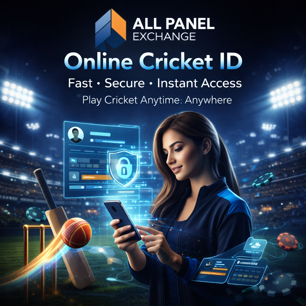 Online Cricket ID promo with woman using smartphone in a cricket stadium, featuring digital security interface and All Panel Exchange branding.