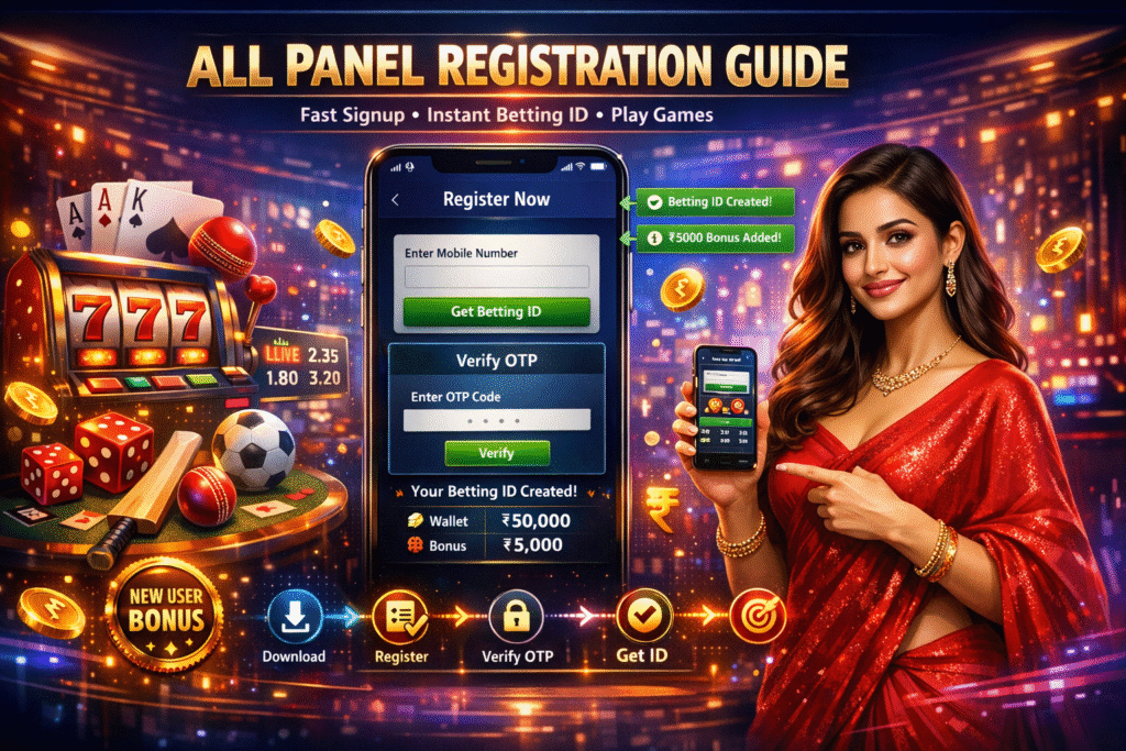 All Panel Registration process showing mobile signup, OTP verification, and betting ID creation on AllPanelExch platform