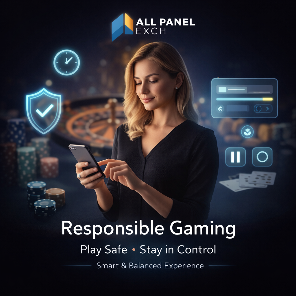 Responsible gaming ad with a calm woman using a smartphone, surrounded by safety icons in a premium casino-style digital environment.
